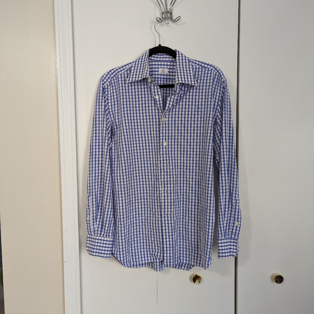 Oriali Firenze Mens White Blue Long Sleeve Cotton Button Up Shirt Sz Small